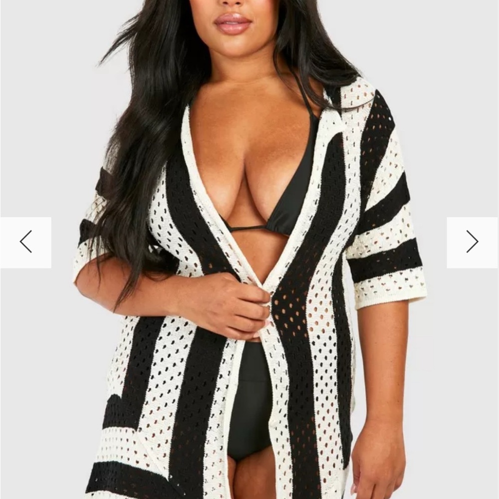 Boohoo Plus Black and White Striped Swim Coverup